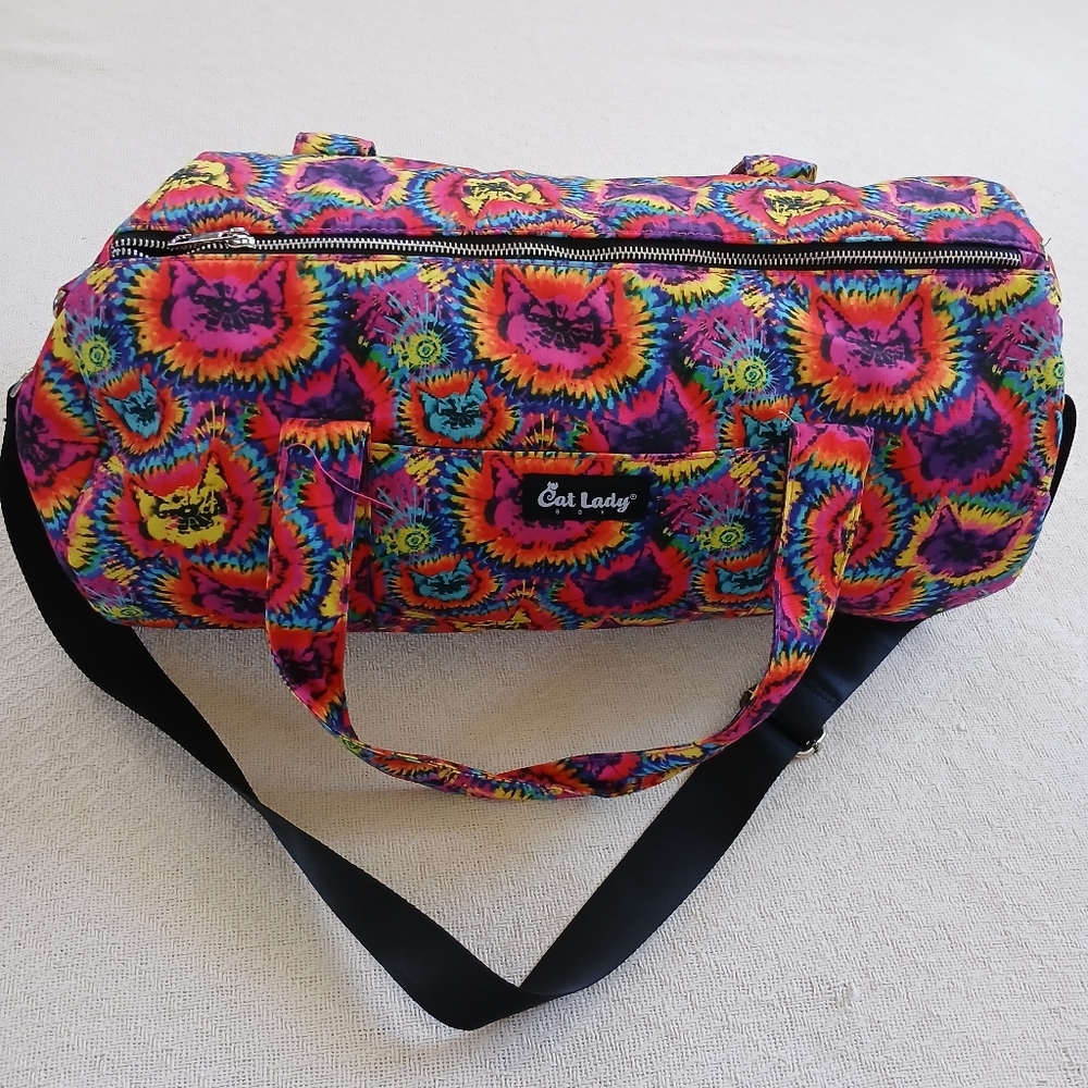 cat lady ♡ tie dye duffle bag travel overnight trippy kitty feline psychedelic